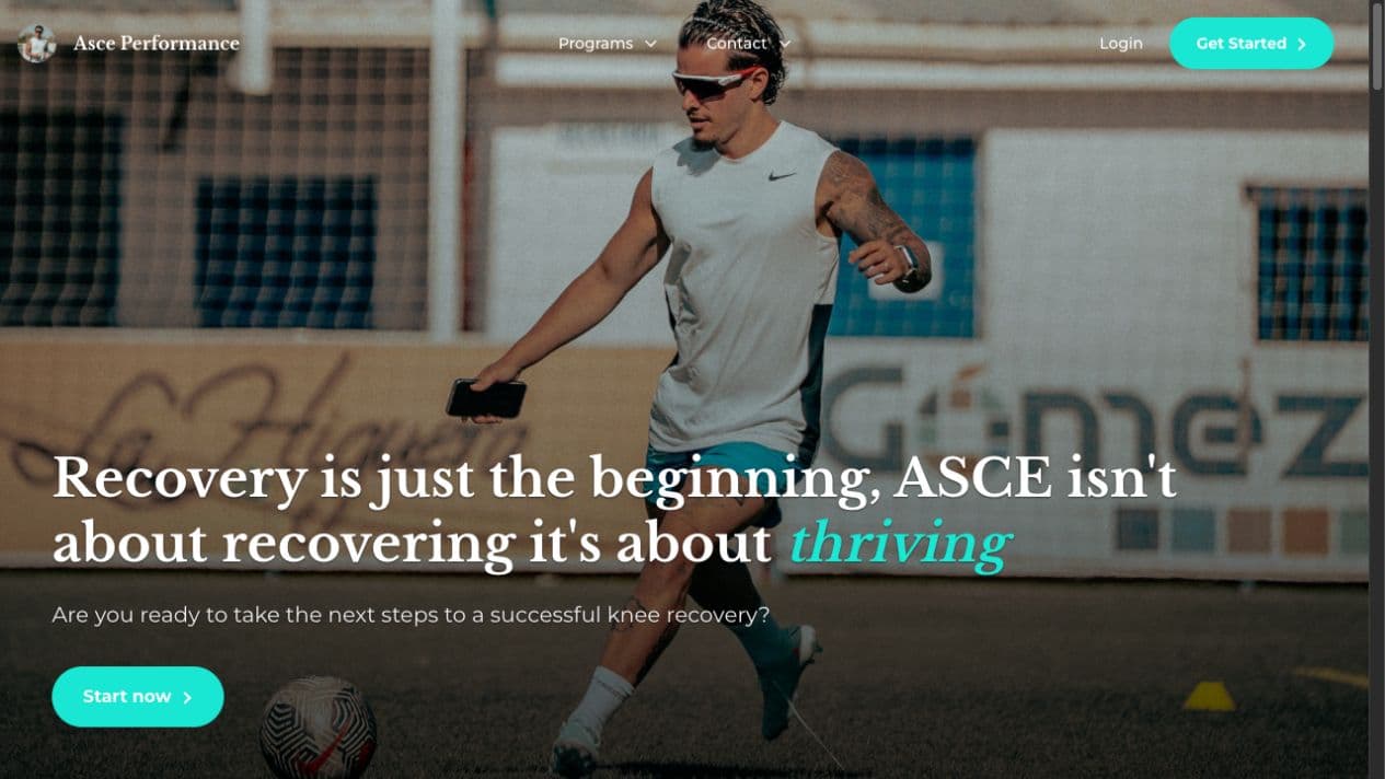 ASCE Performance homepage introducing knee recovery and coaching programs.