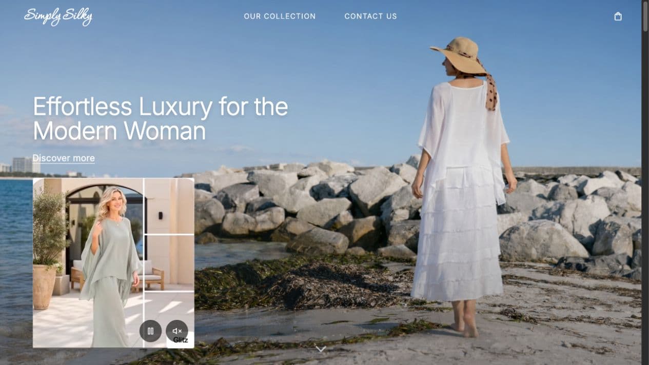 Simply Silky homepage showing its silk clothing collection.